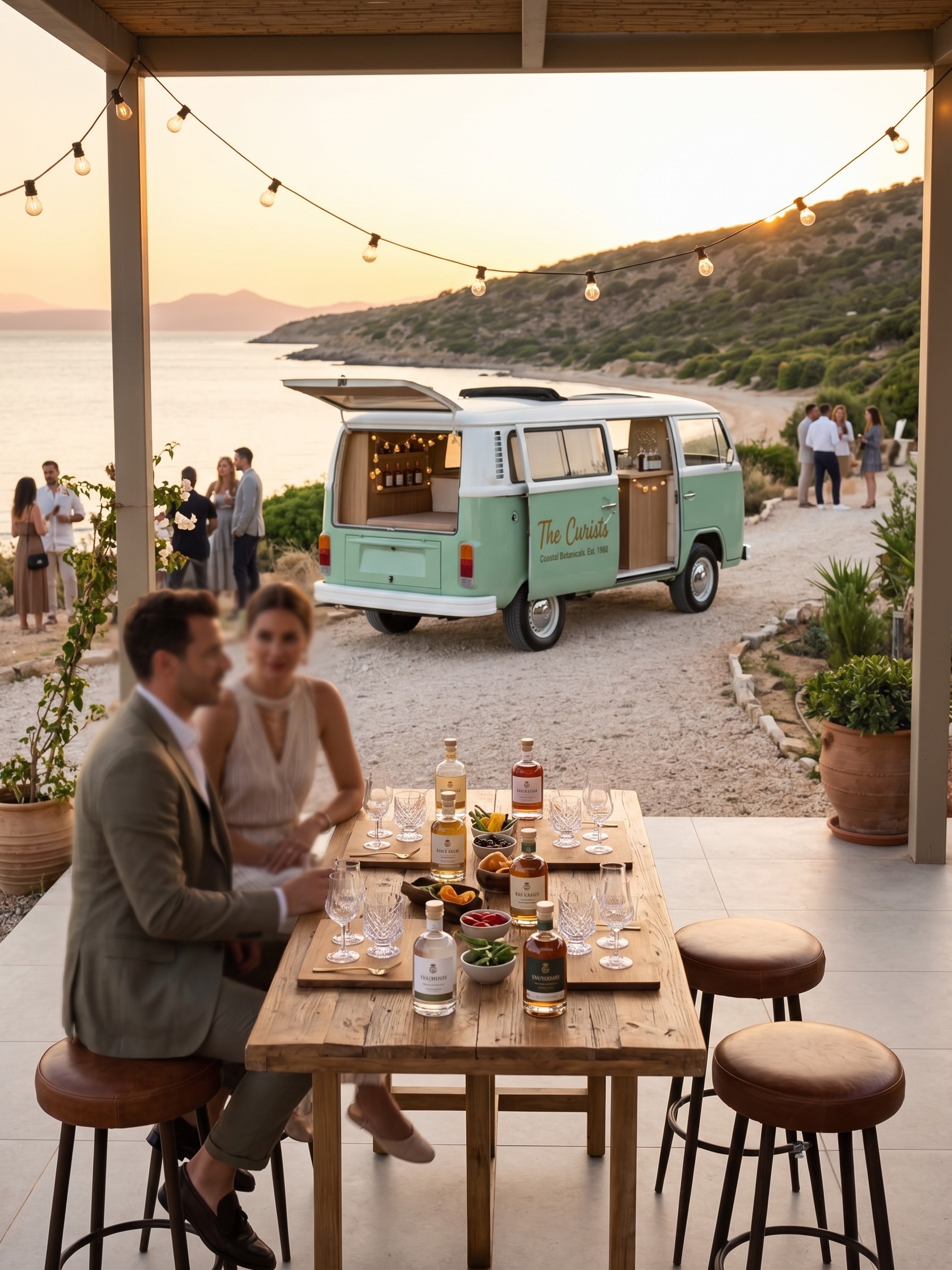 A cinematic point of view across a reception toward The Curists Volkswagen T2 by the sea