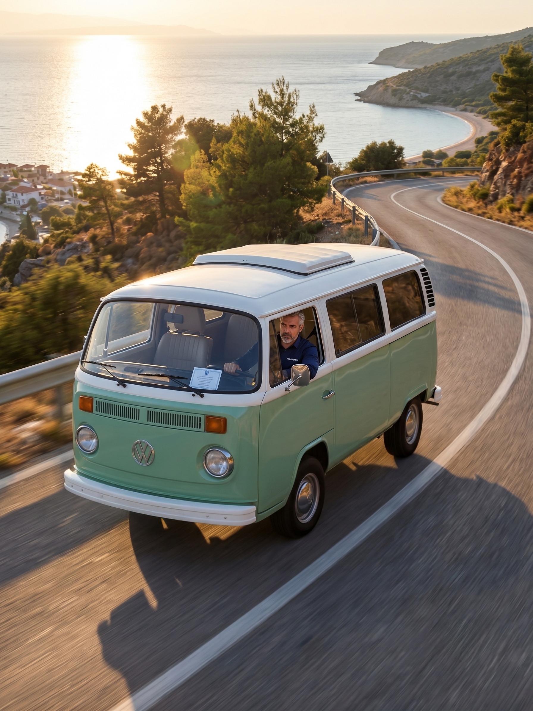 A professional driver taking The Curists Volkswagen T2 along a coastal road