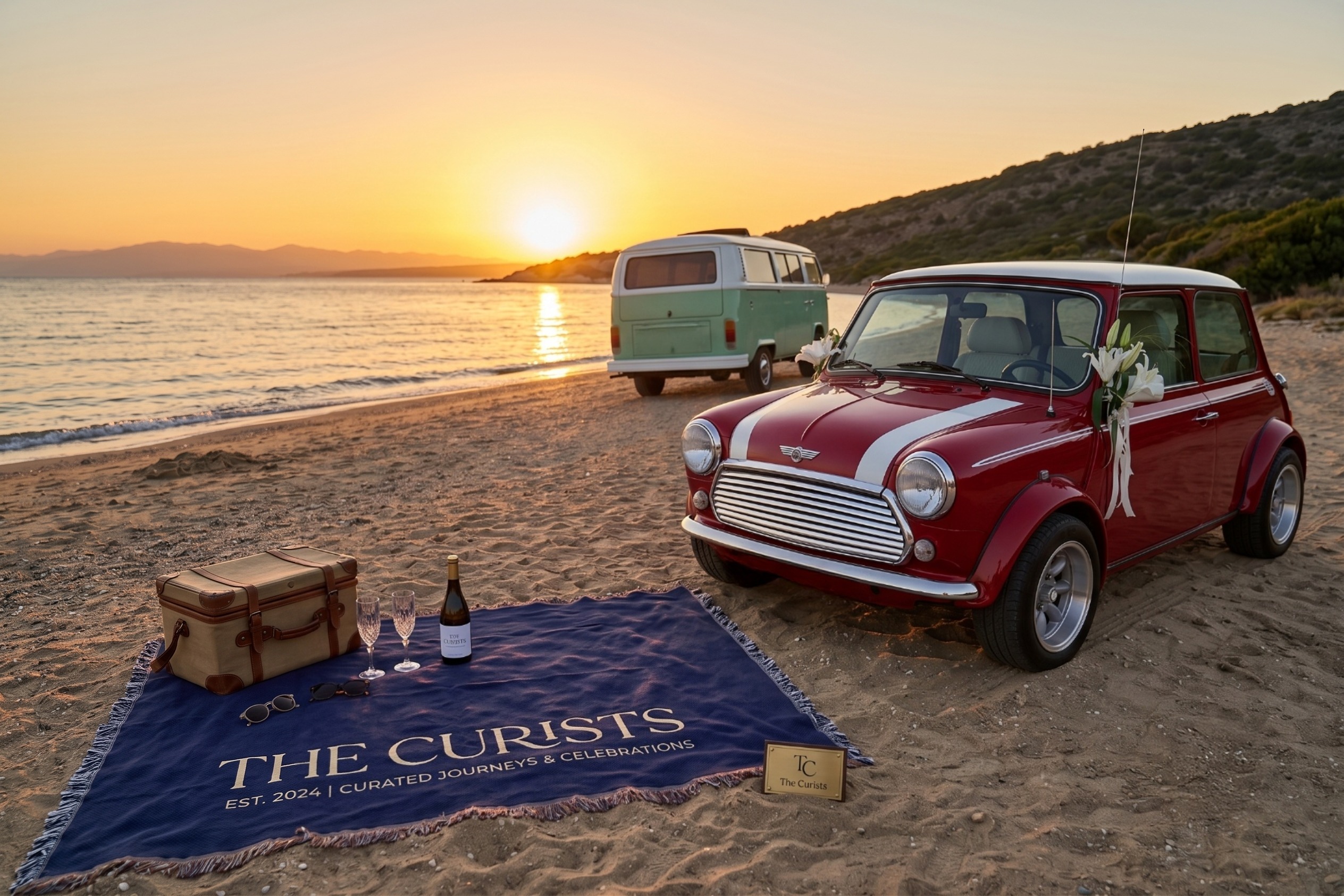 The Curists classic Mini and Volkswagen T2 staged together on a beach at sunset