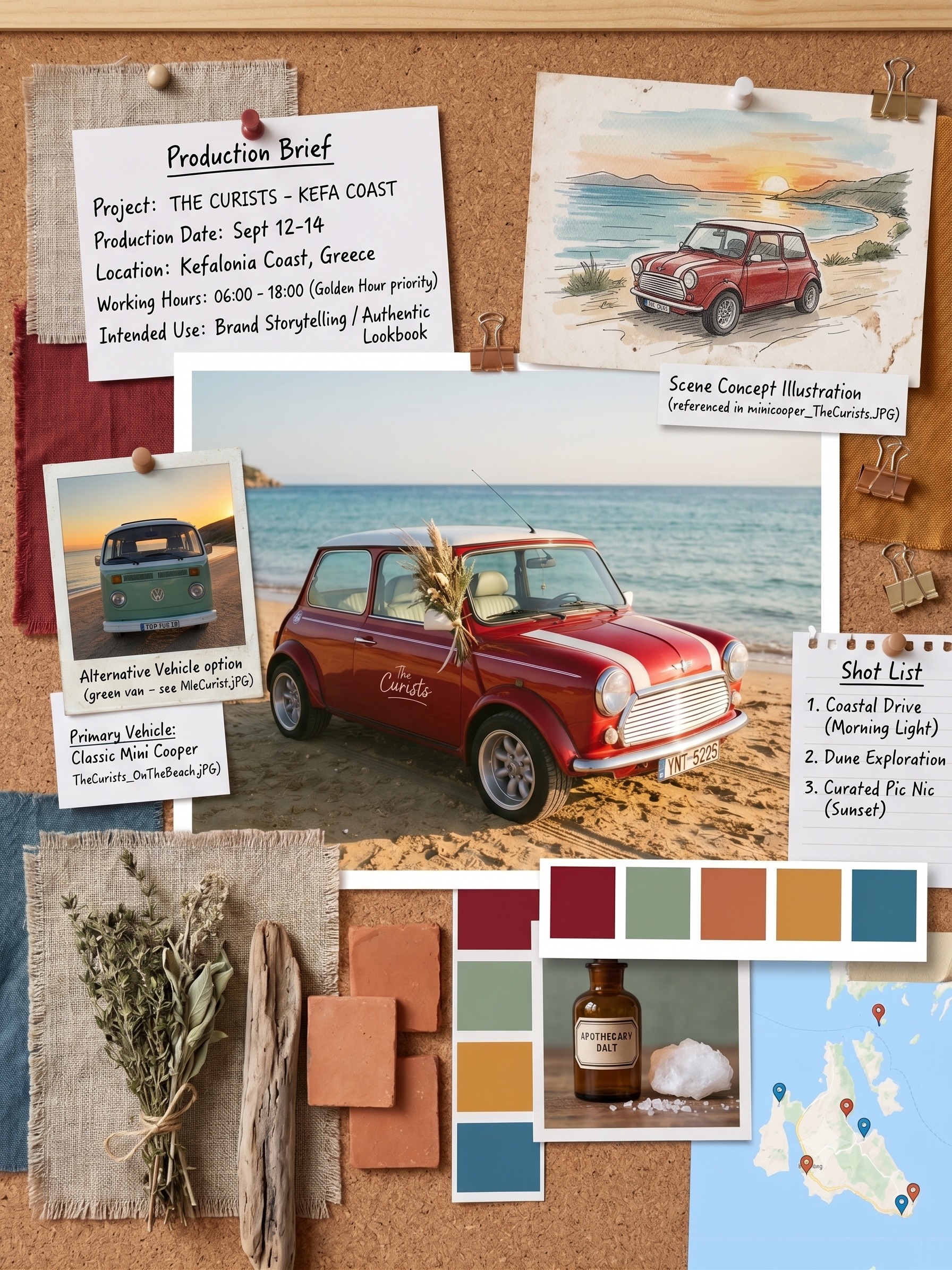 A production moodboard with vehicle references, shot list, location notes and colour palette