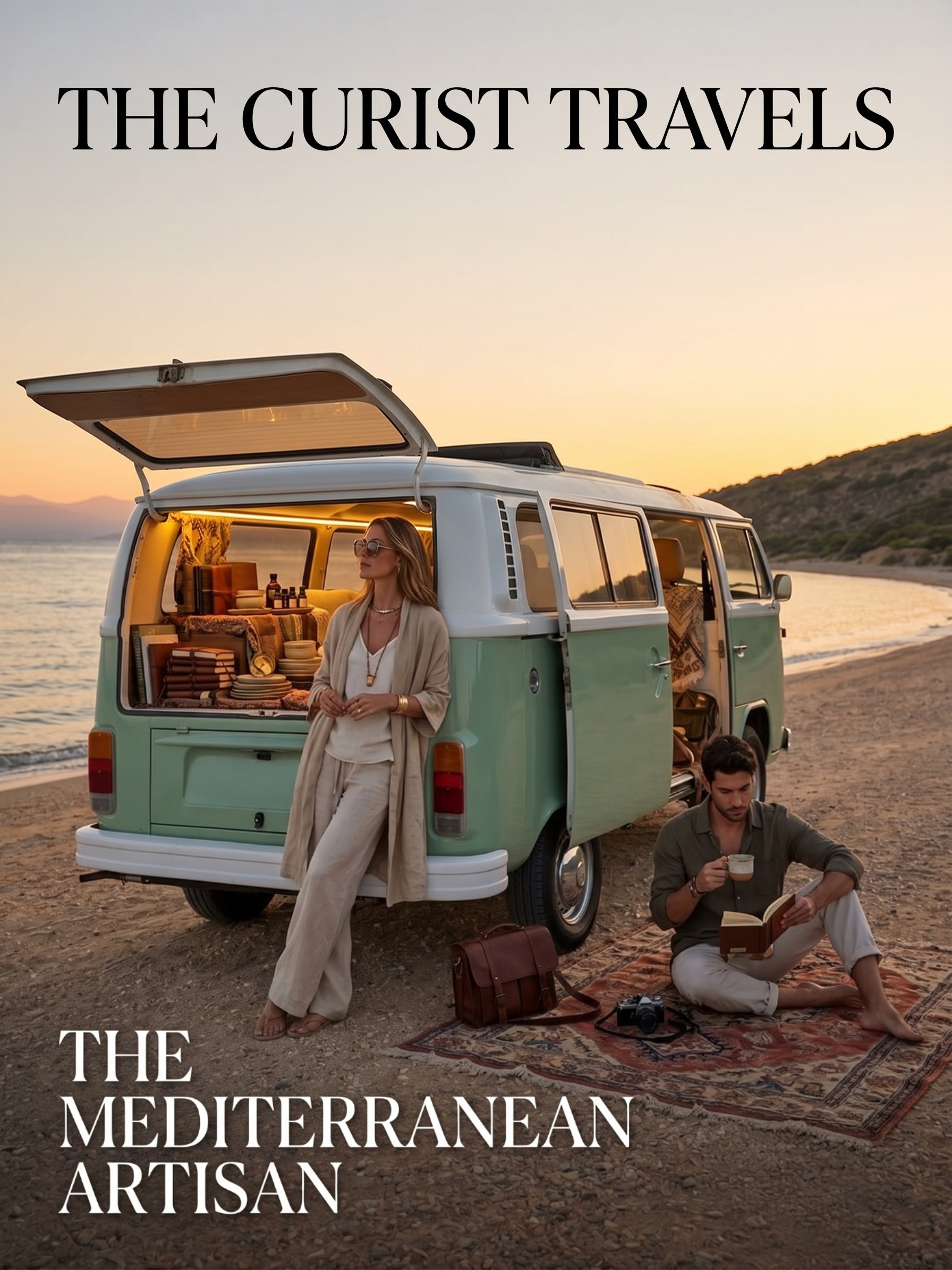 A Mediterranean travel editorial featuring The Curists Volkswagen T2 on the beach