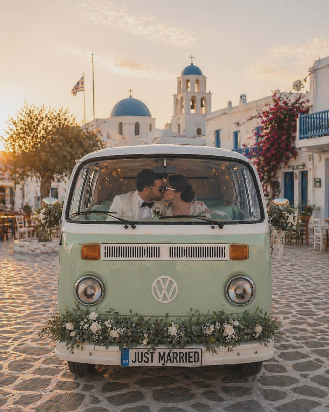 A wedding couple kissing inside The Curists van