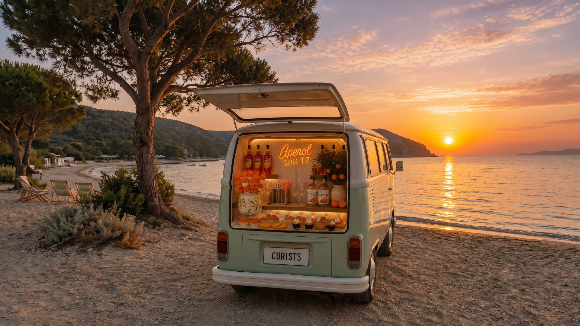The Curists van serving Aperol Spritz on a beach at sunset