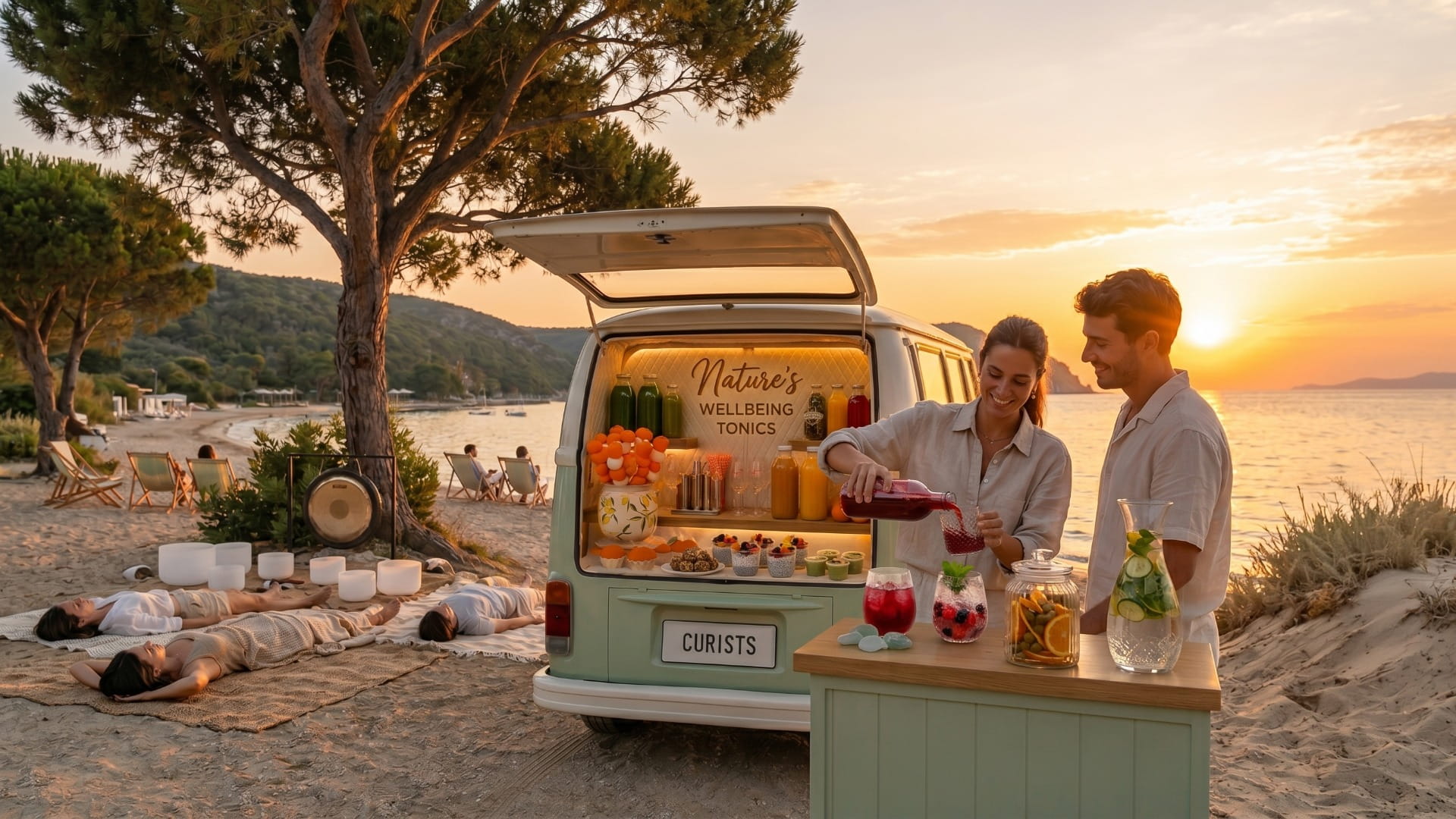 The Curists van serving wellbeing tonics during a beachside sunset session