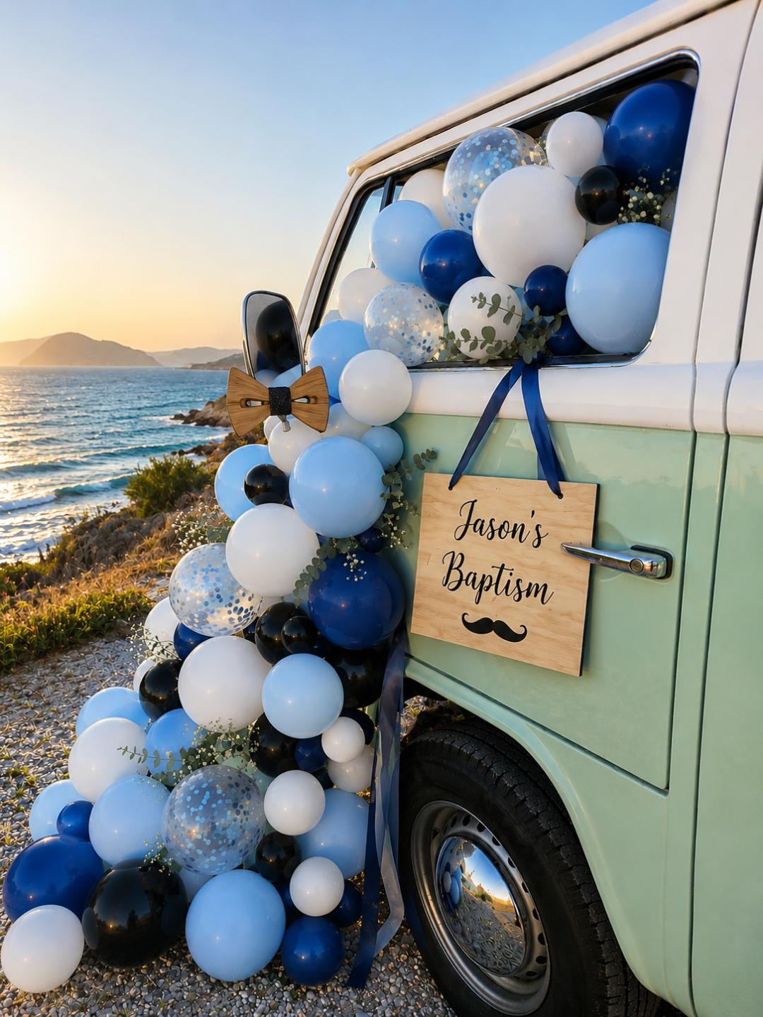 The mint Curists van decorated for a baptism portrait by the sea