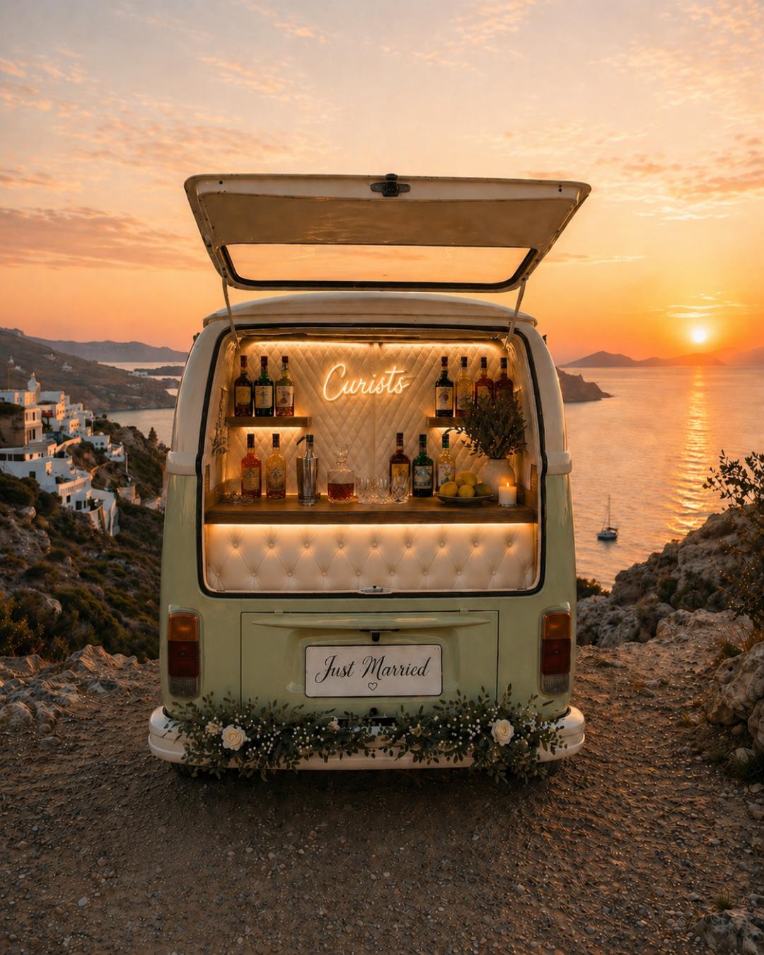 The Curists van staged as a cinematic bar above the sea at sunset
