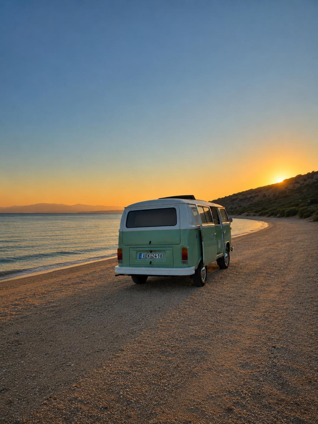 Mint Volkswagen van on a quiet beach at sunset