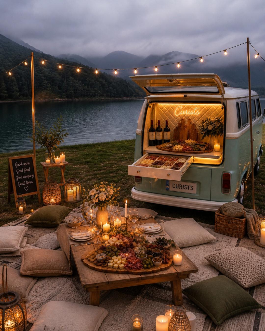 The Curists van used as a grazing station beside a mountain lake
