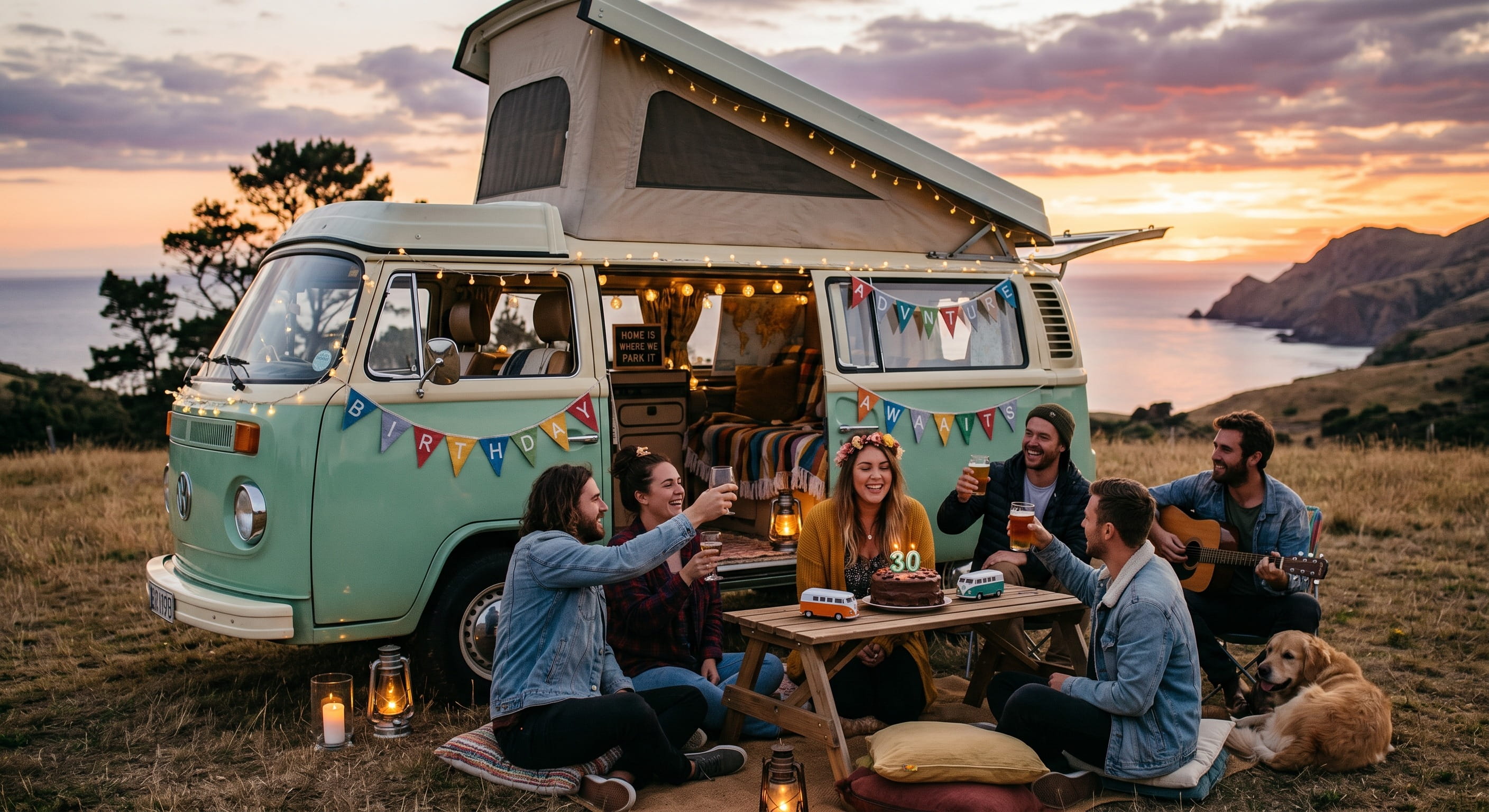 Friends celebrating a birthday beside The Curists van at sunset