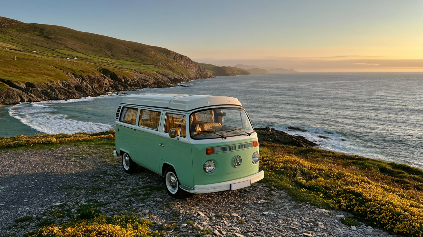 The Curists mint Volkswagen T2 overlooking a rugged coastline at sunset