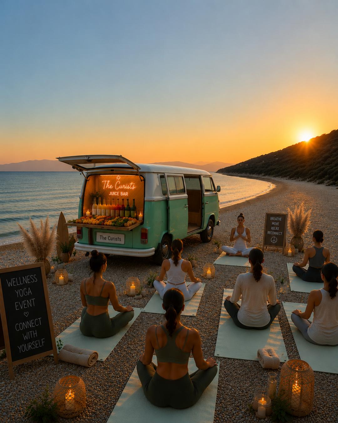 The Curists van used as a juice bar beside a beach yoga session